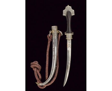 dating: circa 1900 provenance: Morocco, Typical, curved, single-and false-edged blade; wooden grip with silver mounts engrave