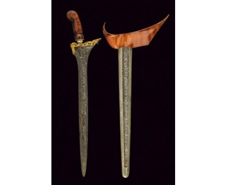 dating: Late 19th Century provenance: Indonesia, Double-edged blade, in fine pamor, of lenticular section, enlarged and asymm