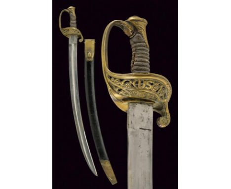 dating: 19th Century provenance: USA, Wide, single-and false-edged blade with large fuller and tang; brass hilt with shell-gu