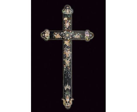 dating: late 19th Century provenance: Vietnam, Ebony cross, finely decorated with mother-of-pearl inlays (small missing parts