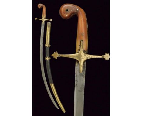 dating: 19th Century provenance: Turkey, Flat, curved, single-edged blade; brass, cross-shaped hilt, horn grip scales (small 