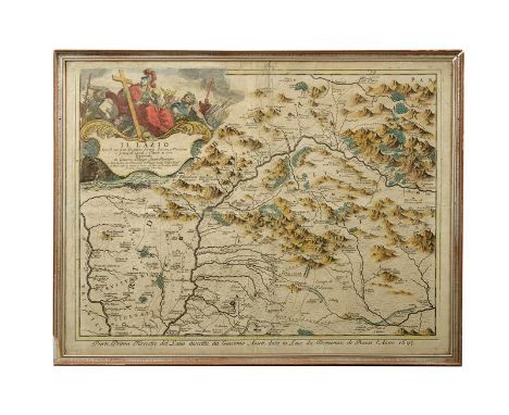 dating: late 17th Century provenance: Italy, A colored print depicting the map of the Lazio region; at the top, on the right 