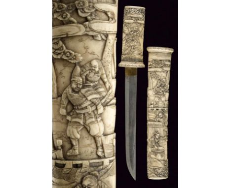 dating: 19th Century provenance: Japan, Straight, single-edged blade, brass habaki. Bone grip and scabbard, with fine carving