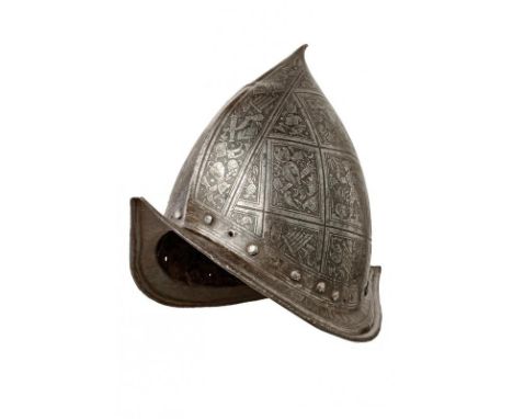 dating: late 16th Century provenance: Italy, Sharp, hammered iron, one-piece skull, ribbed in the centerline with tip towards