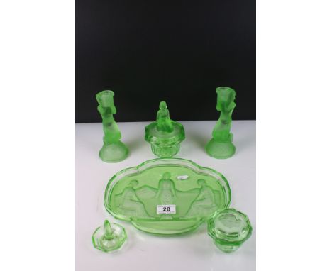 Art Deco Uranium Green Glass Dressing Table Set comprising Tray moulded with three maidens, pair of candlesticks, two trinket