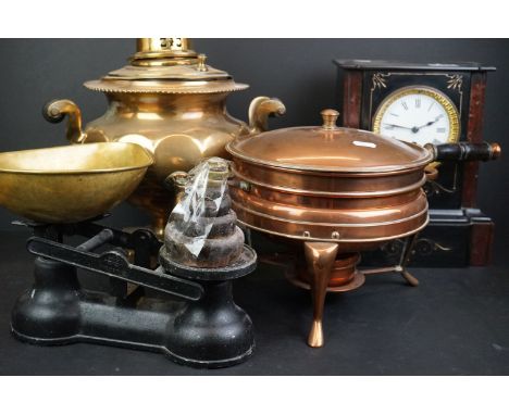 A group of mixed collectables to include a Brass tea urn in the Regency style, a French slate mantle clock and a set of scale