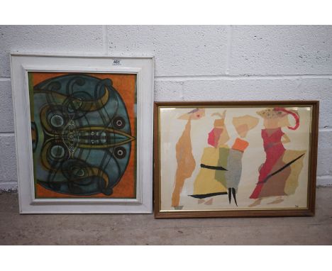 An interesting signed 1971 lithograph of geometric design, together with a signed figurative mixed method portrait (2) 
