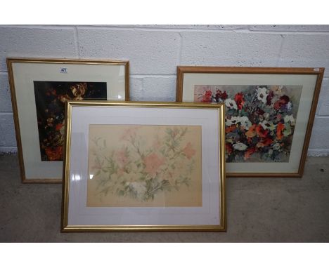 Three large framed studio print studies of flowering blooms, to include artists M Bogaerts &amp; Thelma Buzzard, together wit