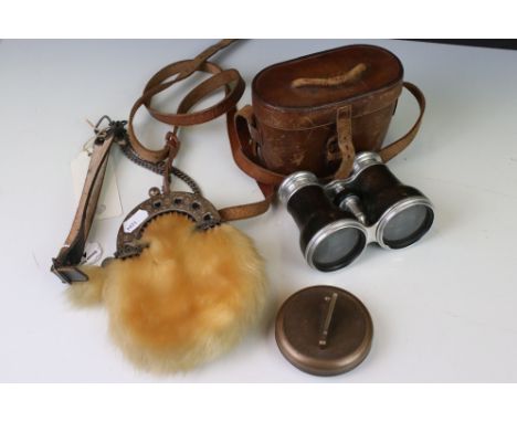 Scottish Leather, Silver Plate and Fur Sporran together with a Leather Cased Set of Opera Glasses and a Reproduction Brass Ca