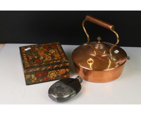 Copper Kettle, Victorian Silver Plate and Leather Covered Glass Hip Flask and Square Lacquered Lidded Box 