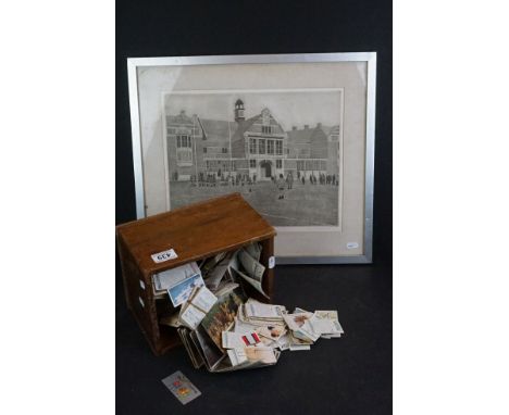 A collection of loose cigarette cards together with a framed and glazed Rugby print titled 'The Winning Goal'. 