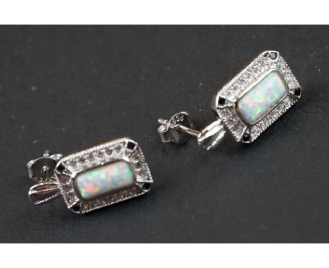 Pair of silver, CZ and opal panelled earrings 