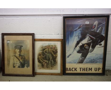 World War I / World War II interest, two antique portrait prints of soldiers, together with an RAF associated poster (3) 