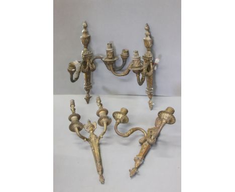 Set of Three Gilt Metal Adam's style Double Branch Electric Wall Light Fittings, 38cms high together with another similar Dou