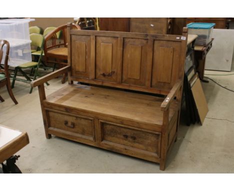 Pine Box Hall Bench with panelled back and two drawers below, 125cms long x 71cms deep x 110cms highi 
