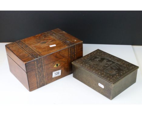 Hammered Brass Playing Card Box, the lid with relief decoration of playing cards within a foliate border, 21cms long together