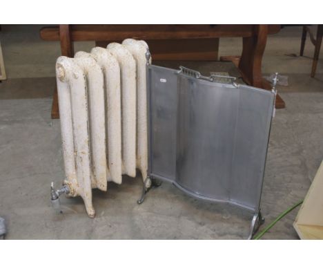 Victorian style White Painted Cast Iron Radiator, 50cms wide x 67cms high together with Art Deco Chrome Firescreen 