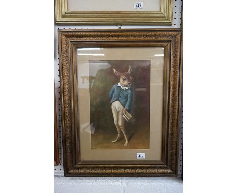 Framed oil painting portrait of a rabbit dressed as a Victorian school pupil 
