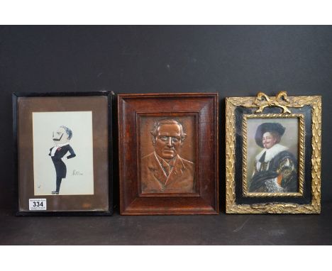 Brass relief portrait of H H Asquith (Prime Minister 1908-1916), together with an oil on brass of a cavalier &amp; a watercol