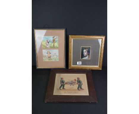 Gilt framed oil painting portrait of a girl, together with a pair of Victorian watercolours of children (framed as one) &amp;