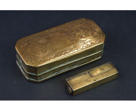 An antique brass snuff box with decorative lid together with a vintage brass lighter. 