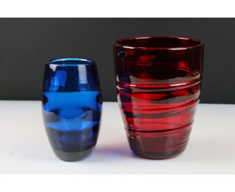 Whitefriars - British Royal Blue and Clear Glass Vase with horizontal optical ribbing, pattern no. 9587, 15cms  high together