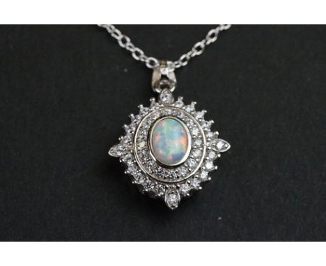 Silver, CZ and opal panelled pendant necklace 