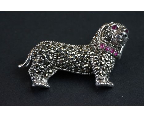 Silver and marcasite brooch in the form of a sausage dog / dachshund with ruby collar 