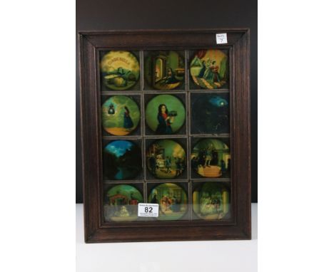 Framed set of twelve late Victorian magic lantern slides, depicting the story of Cinderella 