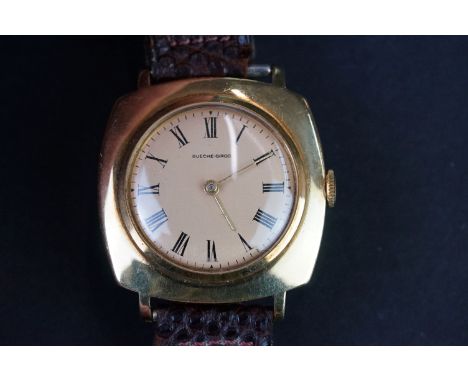 18ct Bueche Girod manual wind wristwatch with leather strap and 9ct deployment clasp 