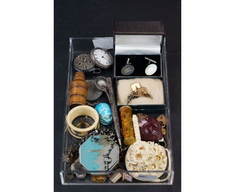 A box of mixed collectables to include a silver cased pocket watch, Chinese puzzle ball and a silver pencil. 