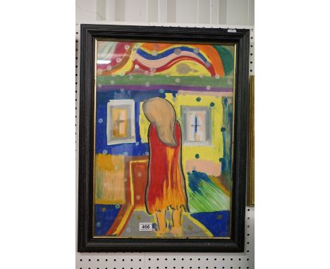 Vincent Byrne 1915 watercolour / pastel, a framed Impressionist portrait, woman on pathway before house, signed and dated 