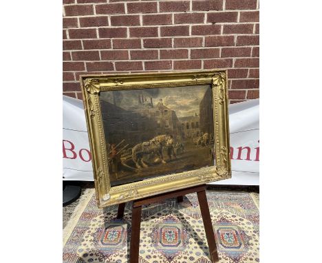 A 18th/19th century gilt moulded wooden frame, fitted with an old coloured print depicting an industrial area [57x69cm] 