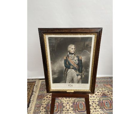 An early 19th century coloured engraving print of Lord Nelson, within a dark wood and gilt painted frame [height, 64cm, width