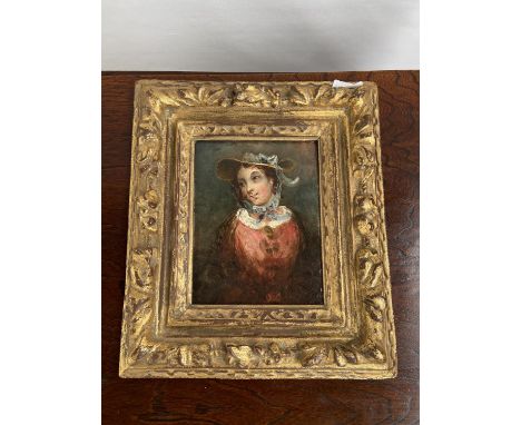 An 18th/ 19th century oil painting on wood,  portrait of a lady, fitted within a moulded gilt frame. [artwork 24x19cm] [Frame