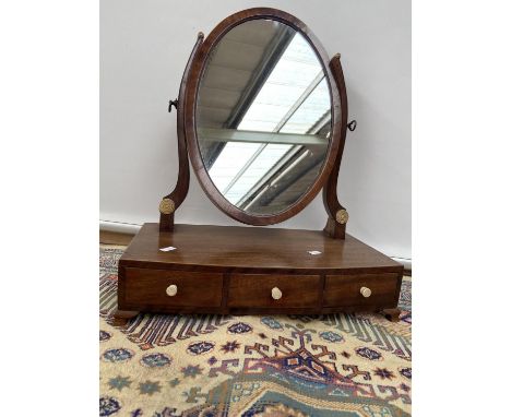 A Victorian mahogany dressing table mirror, upon a 3 drawer platform base, detailed with ivory handles [height, 50cm, width, 