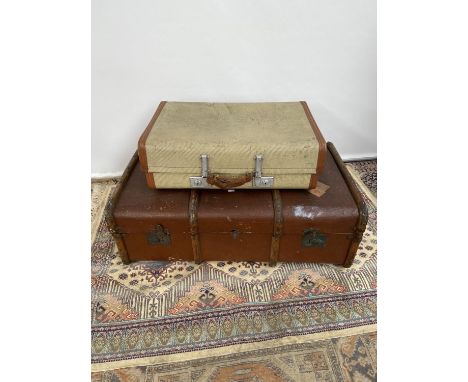 A vintage wooden bound steamer trunk, together with a vintage revelation suitcase 