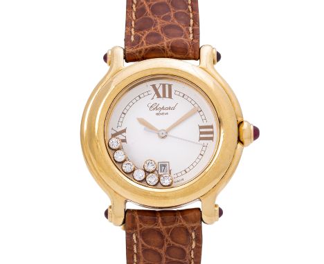 CHOPARD Happy Sport, Ref 4144. Damenuhr. Gold 18K. Quartz Uhrwerk. Lederband mit originaler Stiftschließe in Gold. 7 beweglic