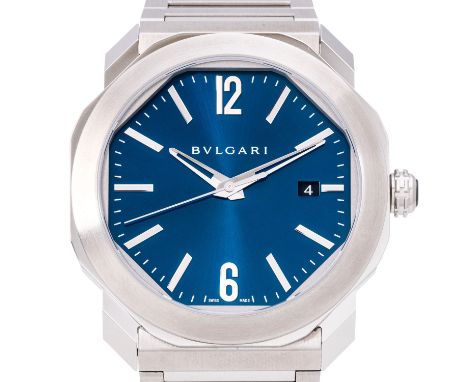 BULGARI Octo Roma Ref 102856,Herrenarmbanduhr. Edelstahl. Automatik-Werk. Kal. BVL 191, funktionsfähig. Blaues Ziffernblatt m