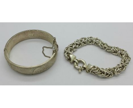 A silver bangle and a .925 silver bracelet, 56.3g