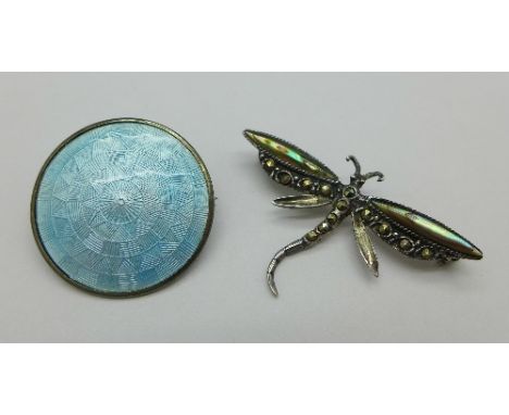 A silver and blue enamel brooch, Birmingham 1942, and a modern silver and marcasite dragonfly brooch