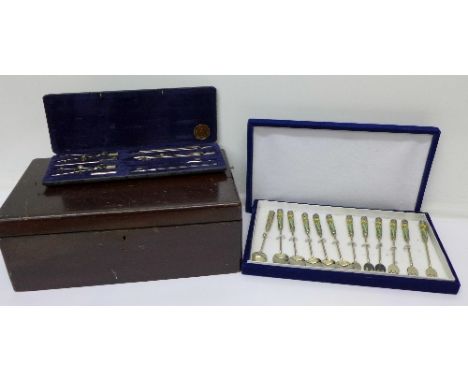 A South Korean enamel pickle fork set, a set of drawing instruments and a jewellery box