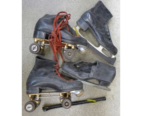 A pair of vintage ice skates and roller skates