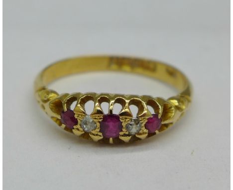 An 18ct gold, diamond and ruby ring, Birmingham 1910, 3.3g, T