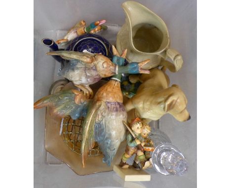 Beswick plaques, a/f, a jug, a Goebel figure, a teapot, a model of a dog, a glass vase, fireplace tiles, etc.