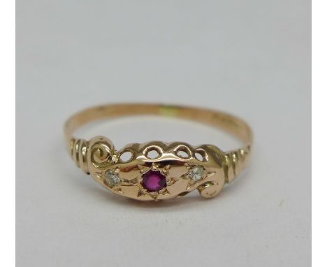 A 9ct gold, ruby and diamond ring, 1.1g, Q