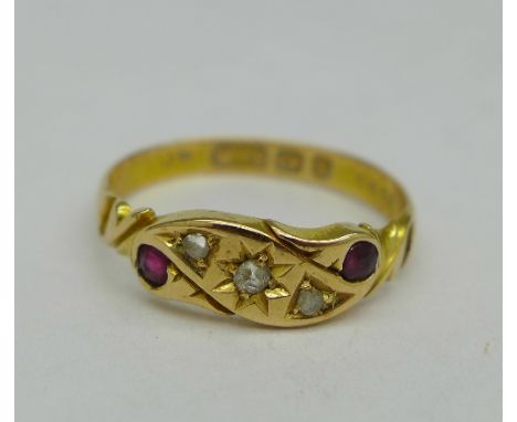 A Victorian 18ct gold, diamond and ruby ring, Birmingham 1897, 2.6g, O