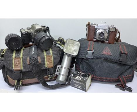 Two camera bags with 35mm film cameras, Pentax MZ-5N, 55mm lens and 62mm lens, and a Zeiss Ikon Contaflex, with Twinklite fla