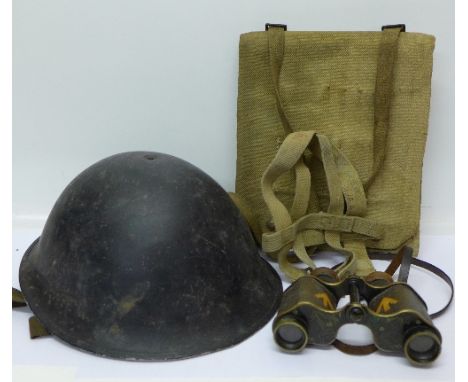 A pair of field glasses with Broad Arrow mark, a British Army helmet and a British canvas map case