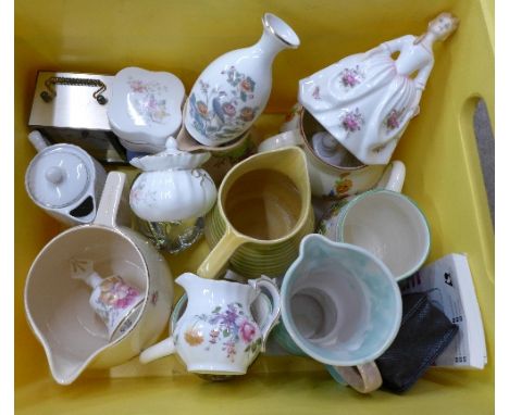 Assorted decorative china including Wedgwood, Royal Doulton, Coalport, Royal Crown Derby, glass paperweight, jugs including W